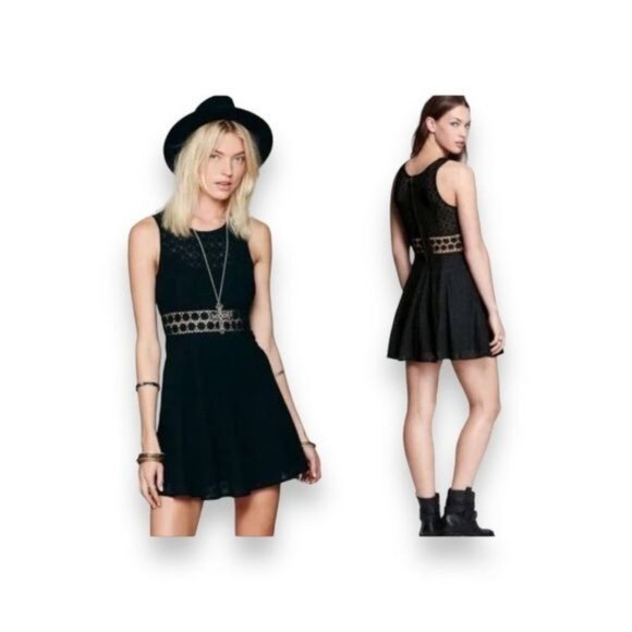 Free People Black Daisy Waist Fit Flare A Line Skater Lace Mini Dress, size 6 - Picture 1 of 9